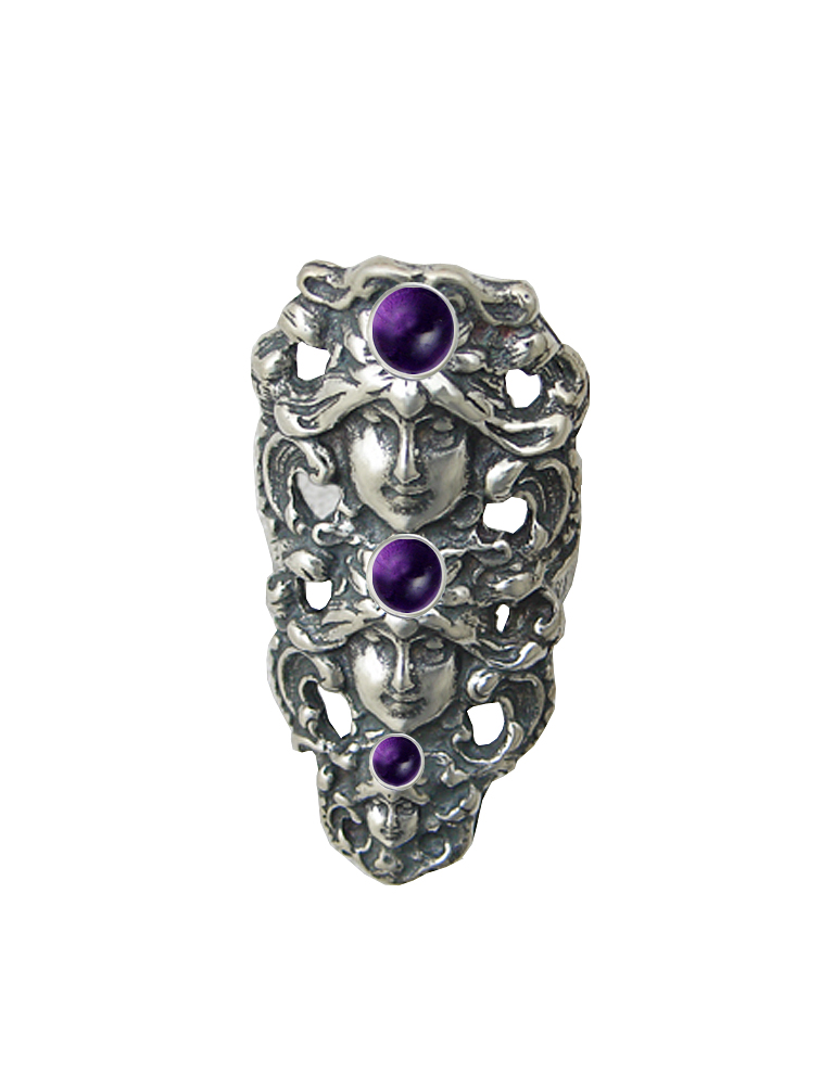 Sterling Silver Triple Goddess Ring With Amethyst Size 8